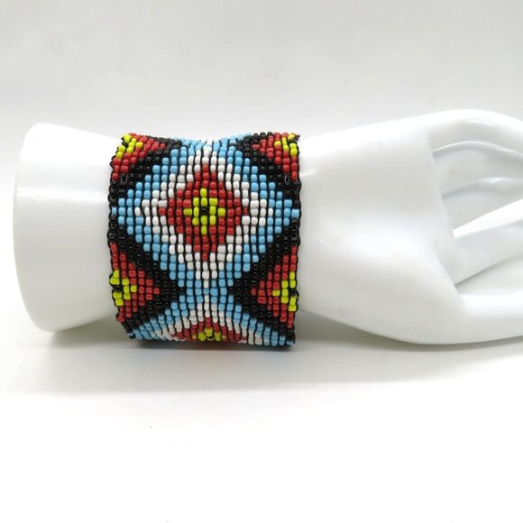 Catherine Stein Bracelet Beaded Cuff 2" Wide Elastic Colorful Diamond Pattern - Picture 1 of 7